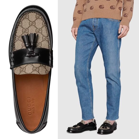GUCCI SHOES TASSELS G LOGO SUPREME BLACK LOAFERS MOCCASINS - Picture 1 of 16